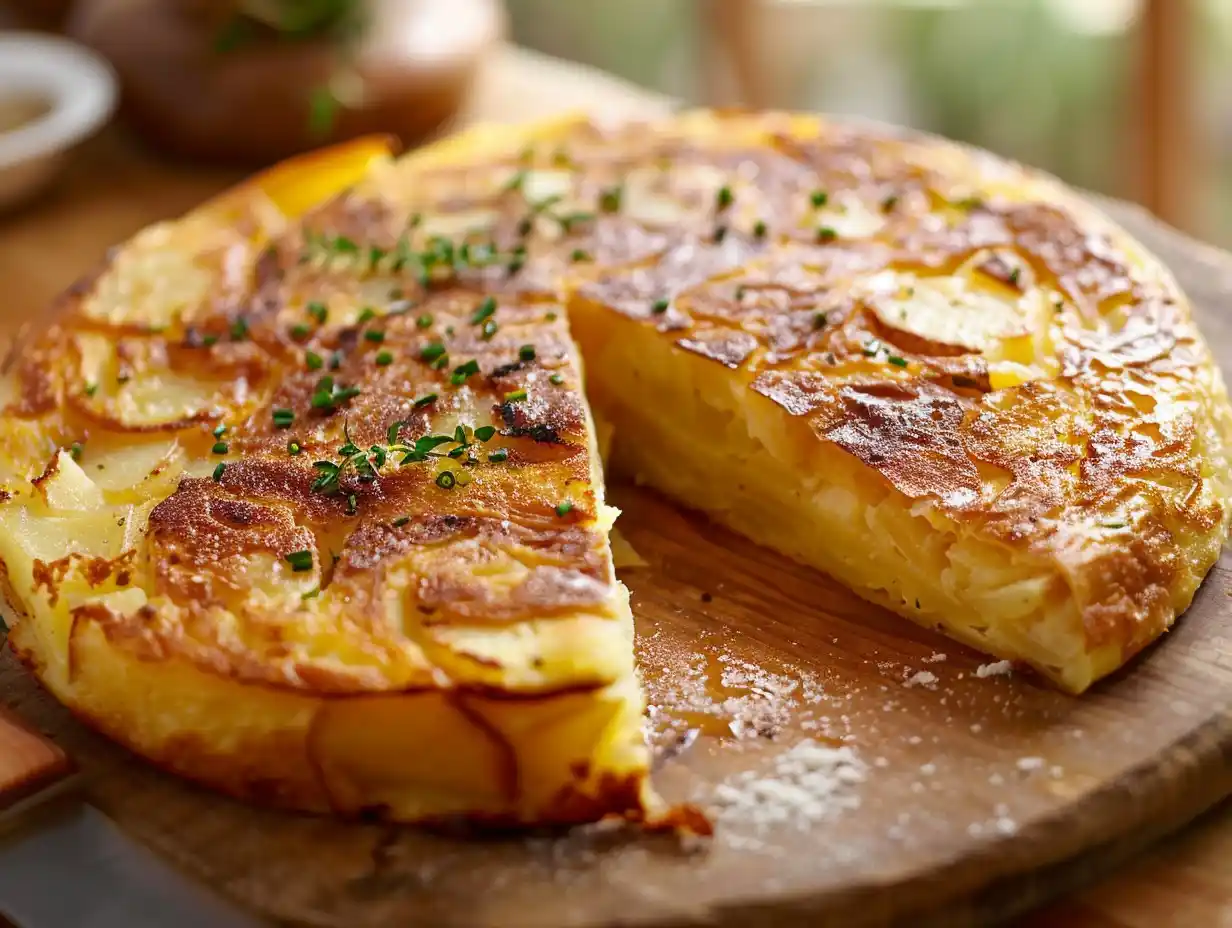 Spansk omelett (tortilla de patatas) med gyllene yta och mjuk potatis, skuren i bitar och serverad.