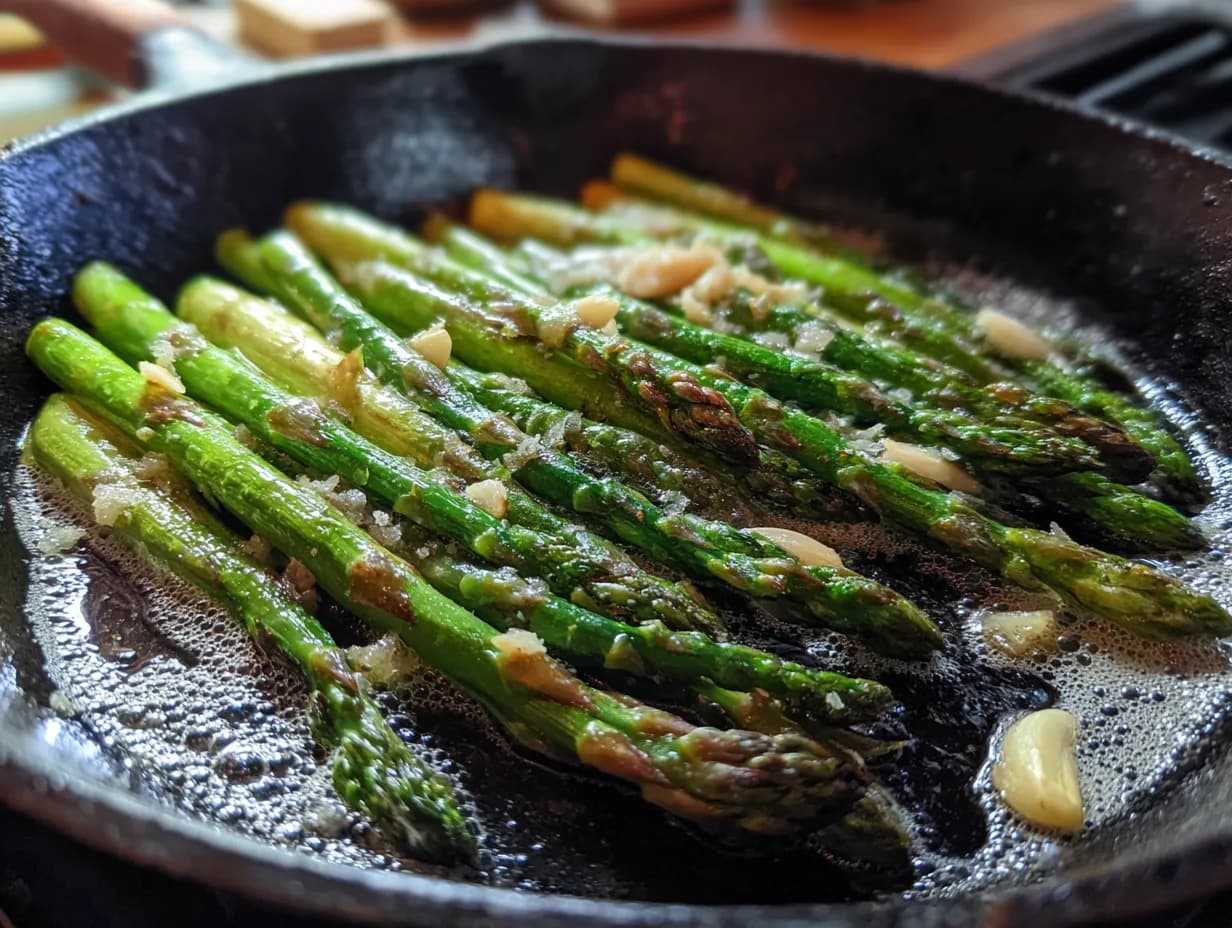 Sparris steka i smör och vitlök i järnpanna, brynt yta och gröna spjut, naturligt sidoljus