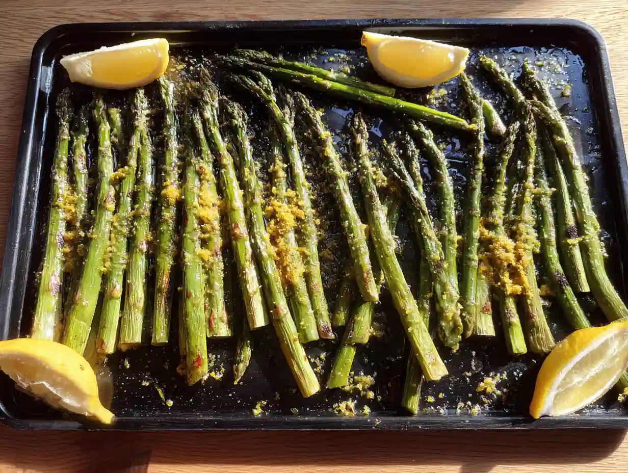 Ugnsbakad grön sparris på plåt med citronskal och olivolja, fin yta och livlig grön färg serverad som tillbehör