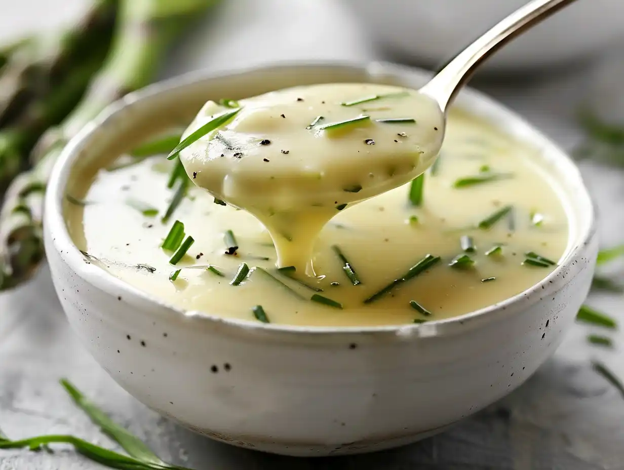 Sparrisstuvning med persilja, len sås och mjuka sparrisbitar som passar som varmt tillbehör.