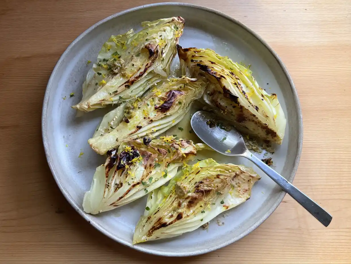 spetskål i ugn serverad i klyftor med rostade kanter, citron och persilja på ett enkelt fat.