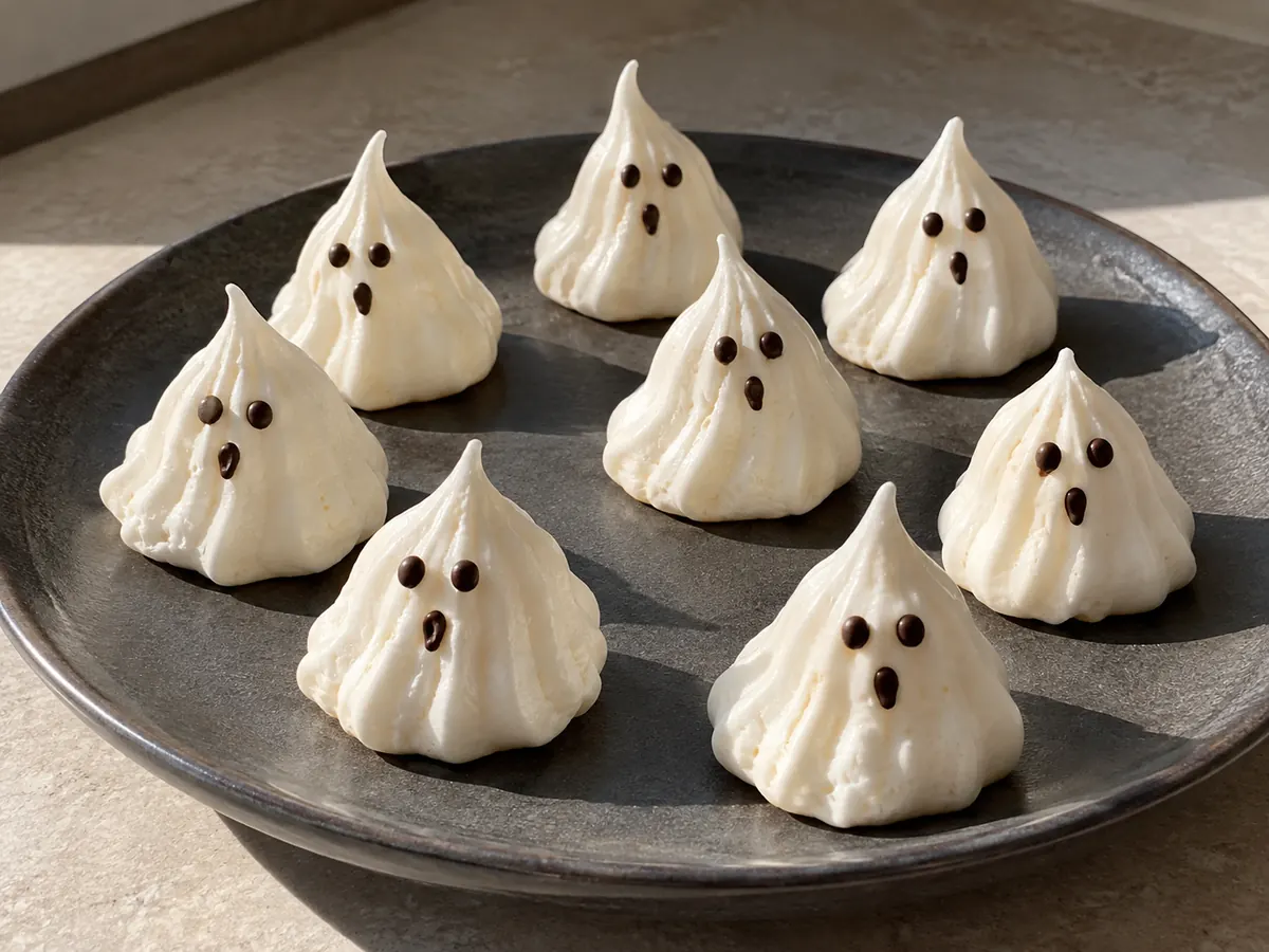 spökmaränger i vita toppar med mörka chokladögon och små öppna munnar, tätt samlade på ett keramikfat