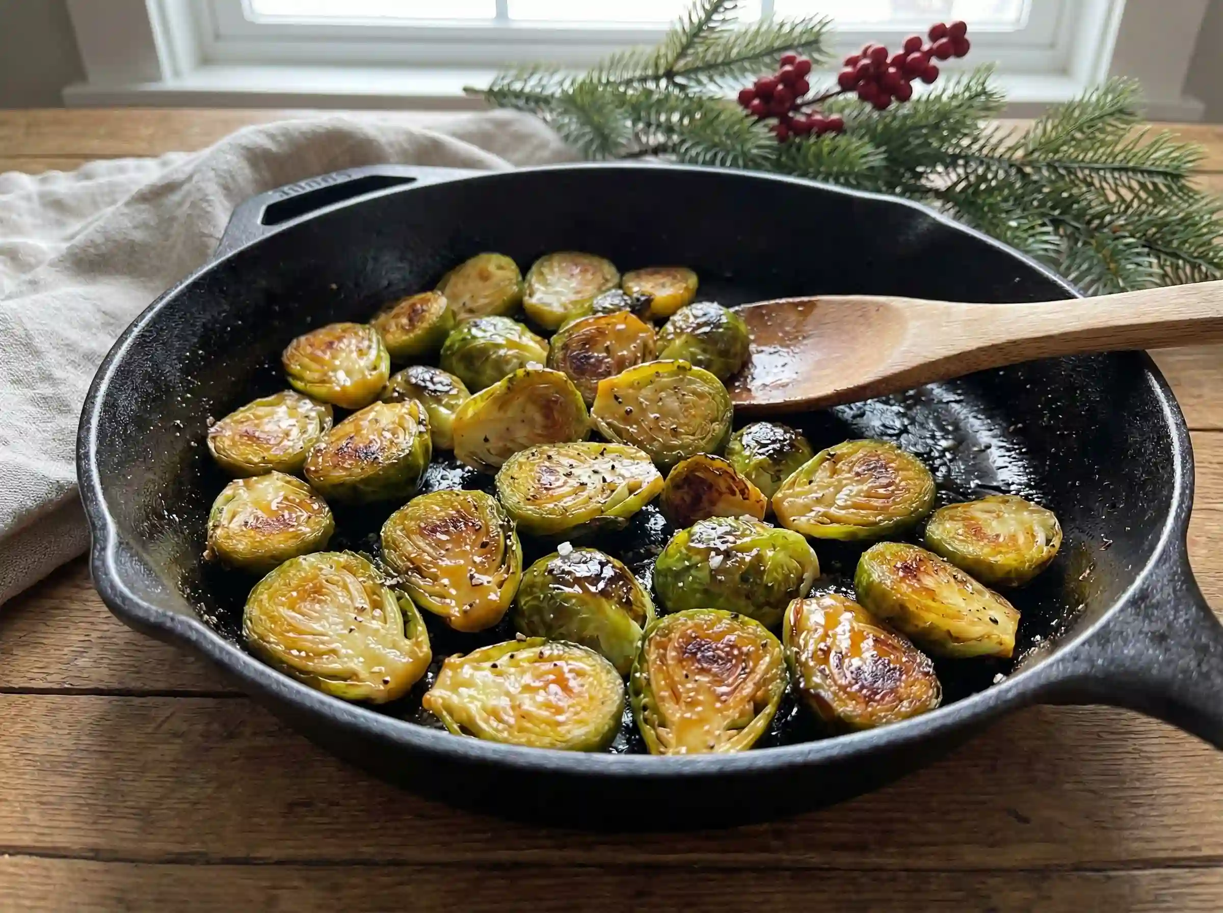 Stekt brysselkål recept till jul i en panna med gyllene smör, rörsocker och en blank yta på ett festligt fat.