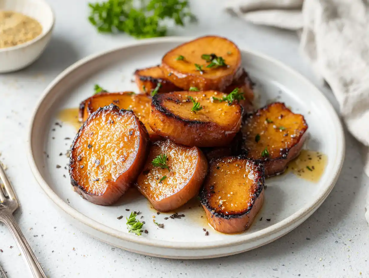 stekt falukorv i skivor med gyllenbrun stekyta på vit tallrik, serverad varm med enkel vardagskänsla.