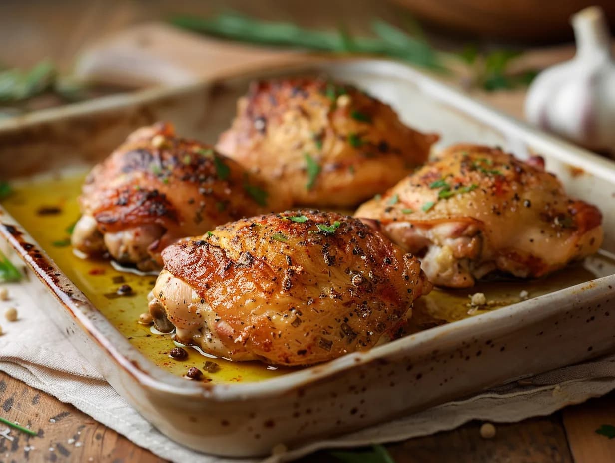 Nystekt kycklinglårfilé med en gyllenbrun och krispig yta serverad på en tallrik med färsk sallad och citronklyfta.