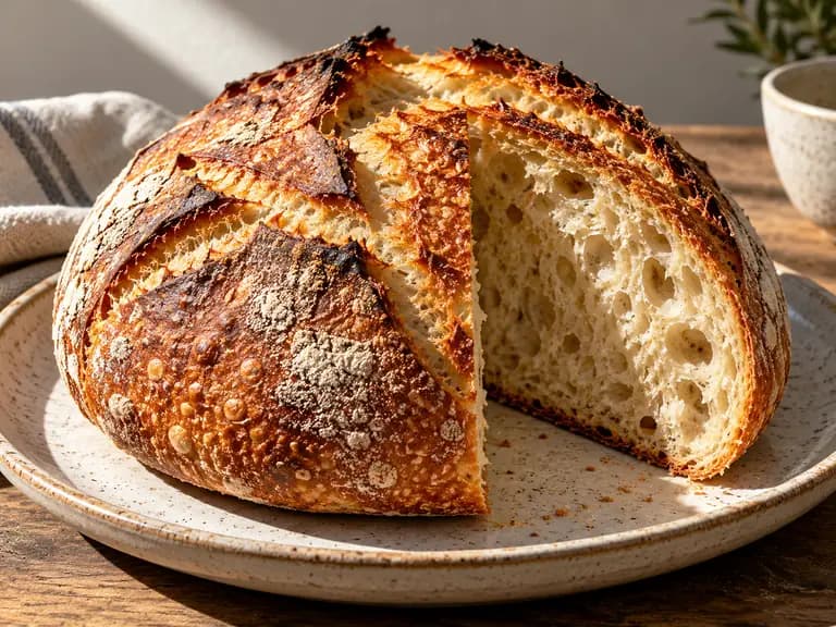 surdegsbröd med gyllene skorpa och tydlig hembakad struktur serverat på ett enkelt ljust keramikfat