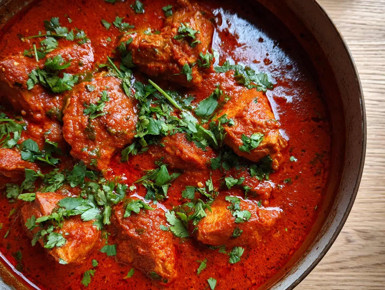 tandoori kyckling gryta i djup kastrull med röd krämig tomatsås, kycklingbitar och färsk koriander på toppen