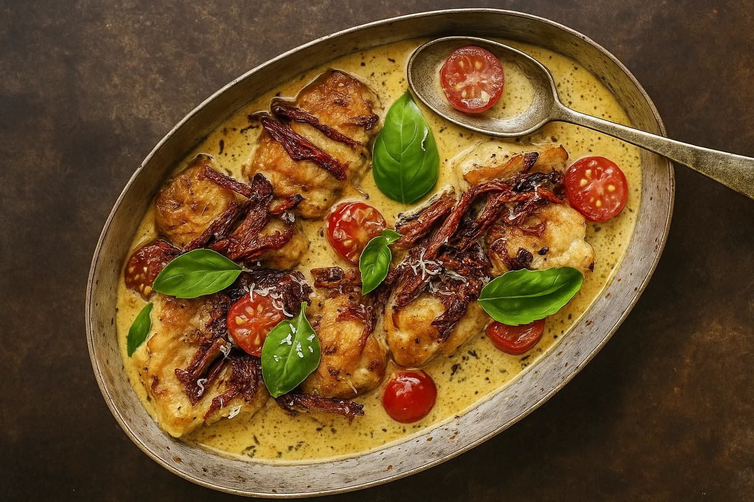 Tareq Taylors kycklinggratäng med soltorkade tomater