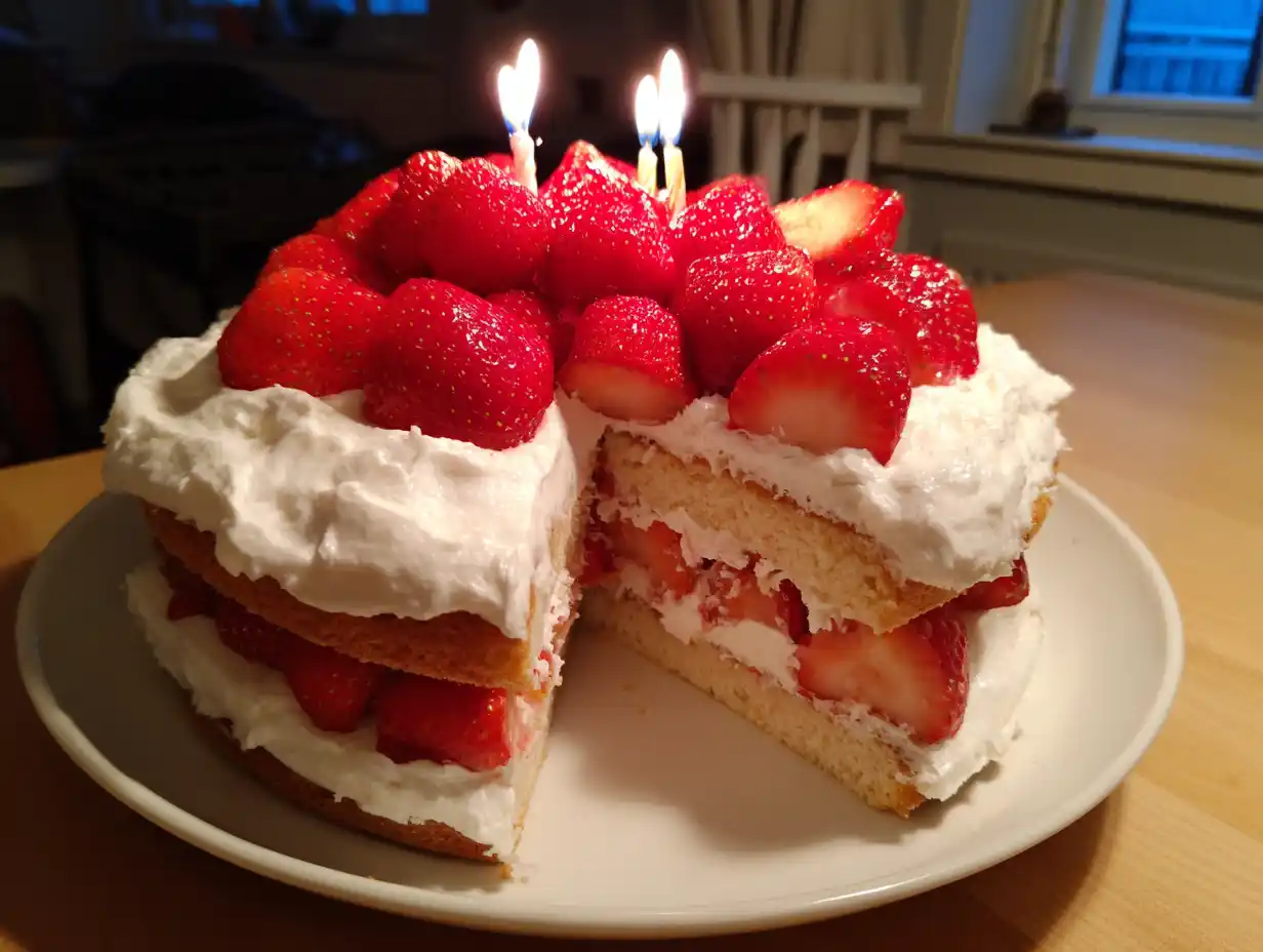 Tårta födelsedag med vispad grädde och hela jordgubbar på toppen, ljus, festlig hemlagad tårta