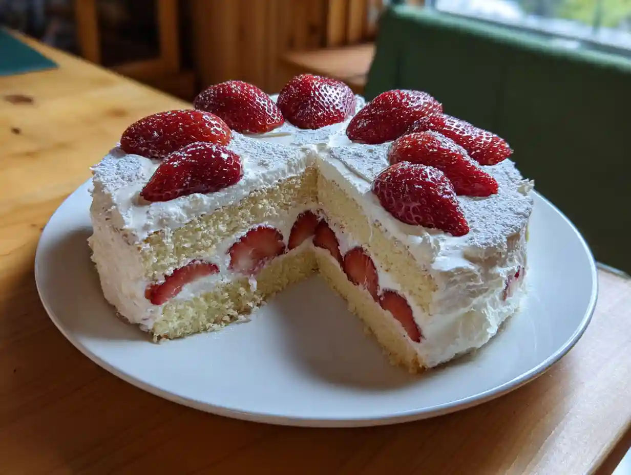 Tårta till midsommar med vita gräddelager och röda jordgubbar, dekorerad med florsocker på ett festduktat bord