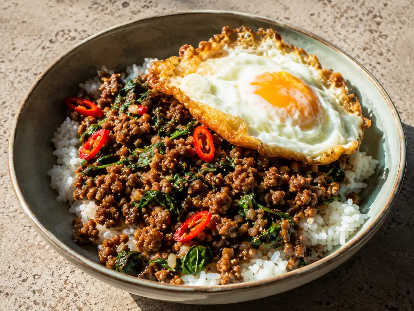 thai köttfärs med brynt färs, jasminris, stekt ägg, röd chili och färsk thaibasilika på tallrik