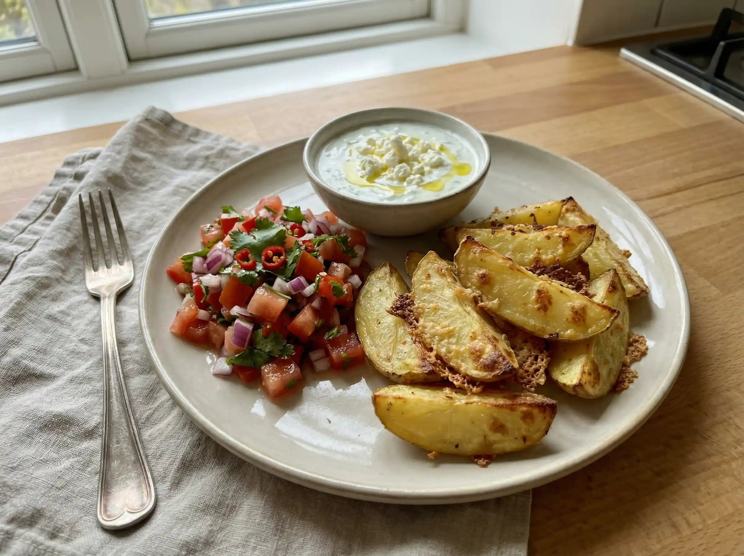 tillbehör till grillad kyckling med krispig klyftpotatis, tomatsalsa och krämig myntakräm toppad med feta på ljus tallrik.
