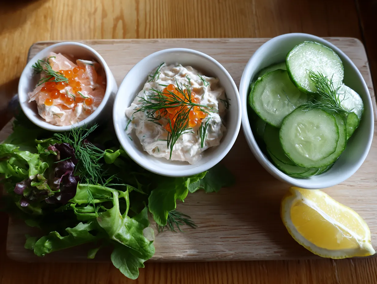 Tillbehör till västerbottenpaj på bricka – smetana med löjrom, gurksallad och gröna örter, naturligt ljus