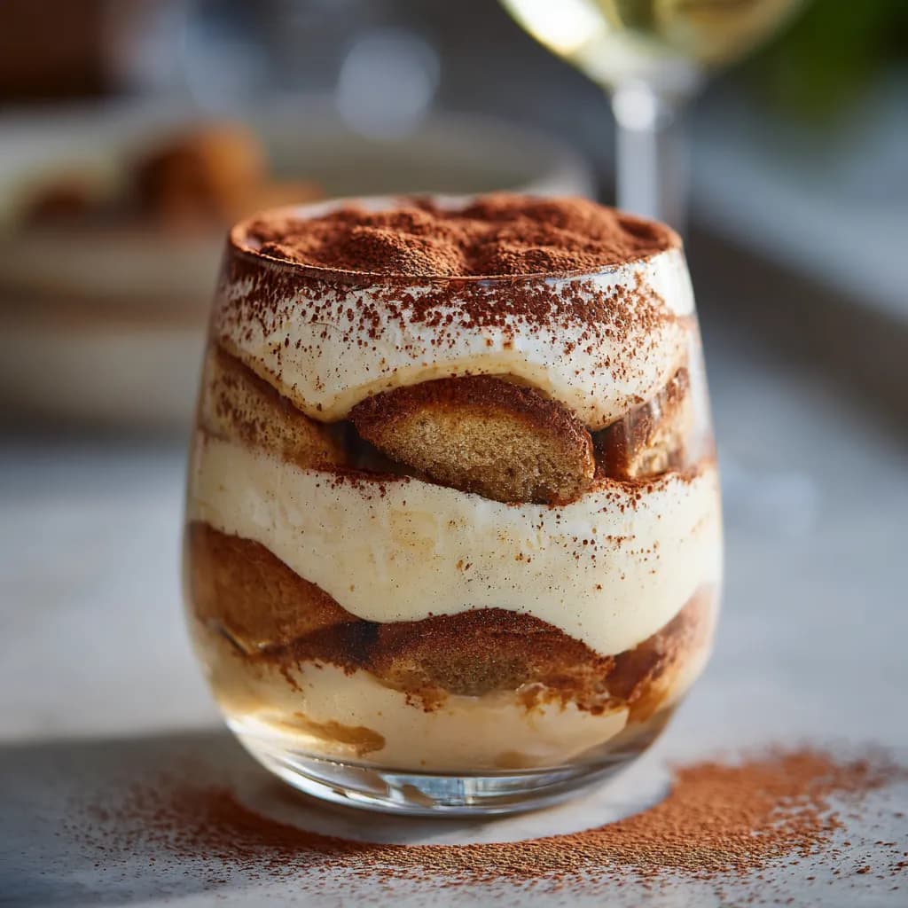 Tiramisu i glas med krämig mascarpone, kaffeindränkta kex och kakao på toppen