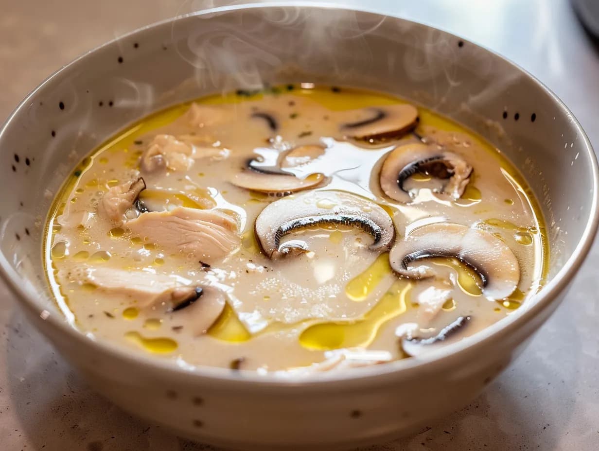 Tom kha gai med kyckling, kokosmjölk och svamp serverad varm i skål