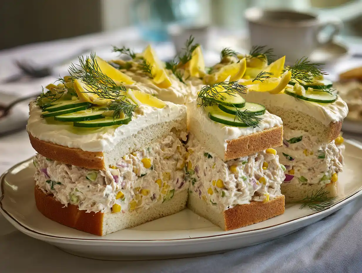 Tonfiskfyllning smörgåstårta i krämiga lager med dill, majs, rödlök och gurka på ett fat hemma i köket.