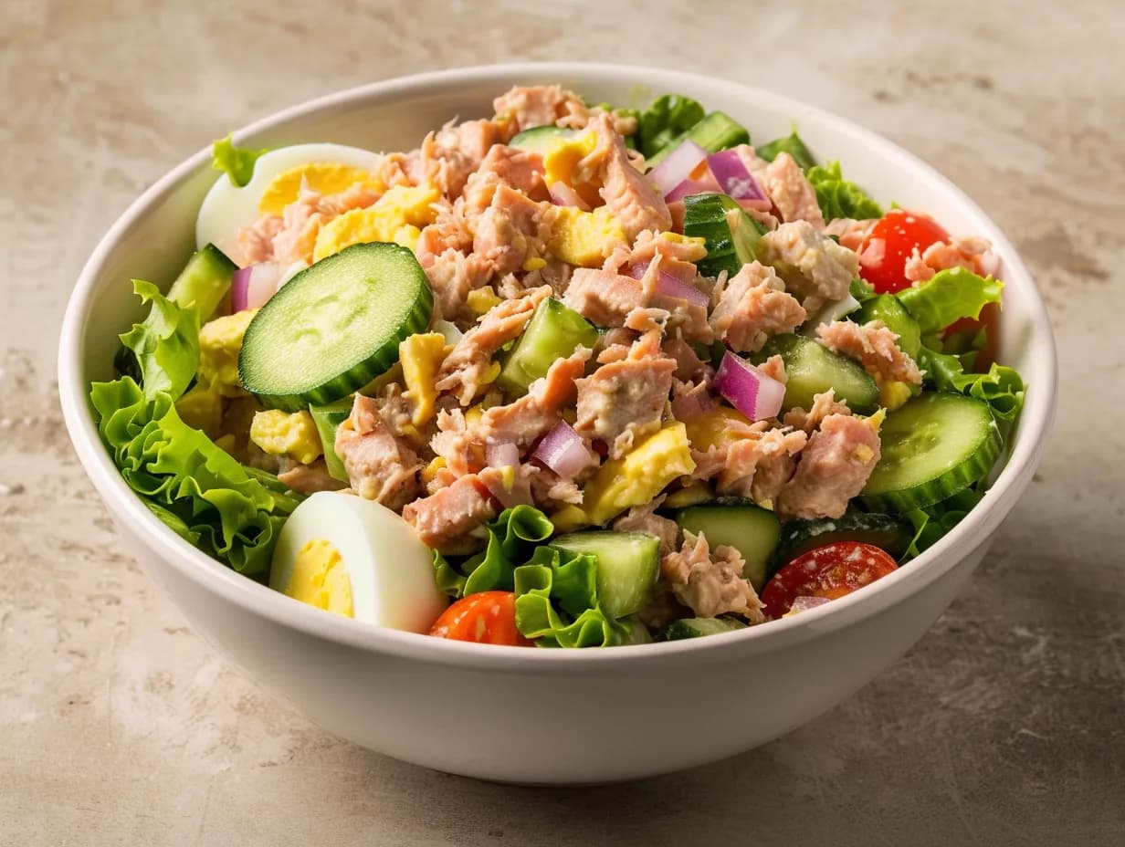 Tonfisksallad recept med krispig sallad, tonfisk, grönsaker och enkel dressing