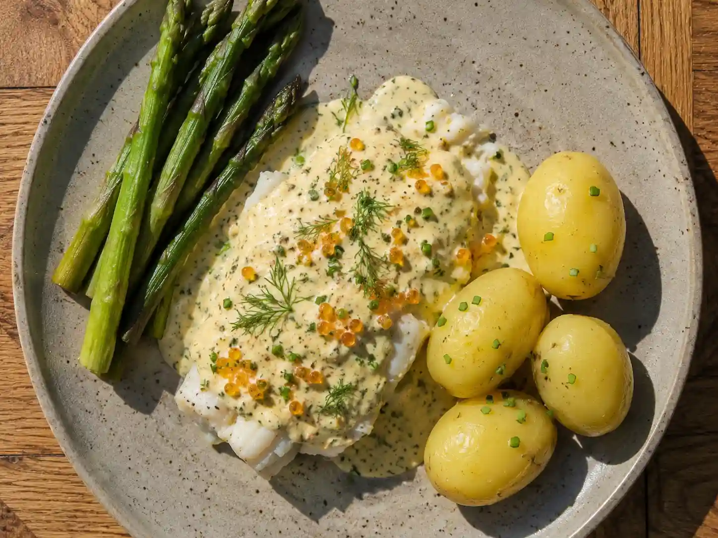 torskrygg med sandefjordsås på tallrik med potatis, gräslök, citron och blank gräddsås