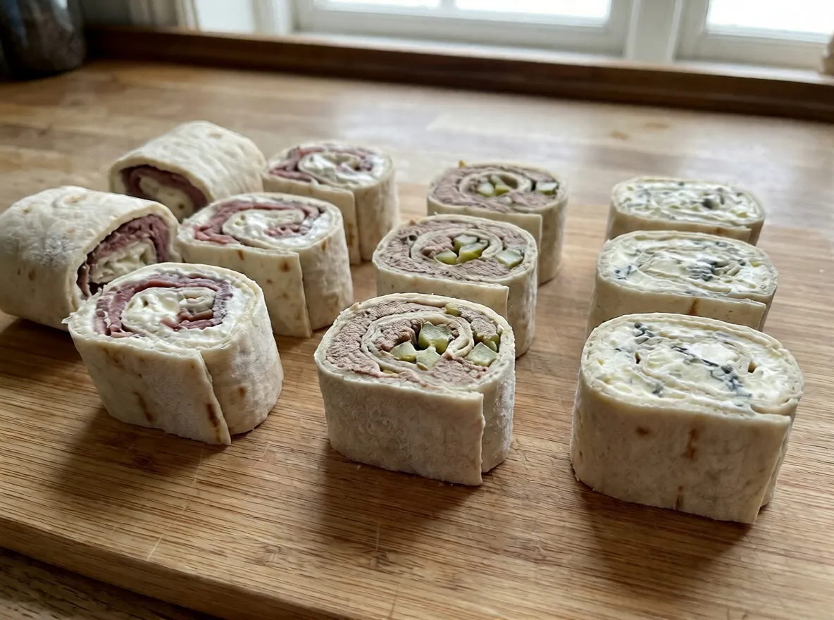 Krämiga tunnbrödsrullar uppskurna på fat redo för fest eller buffé