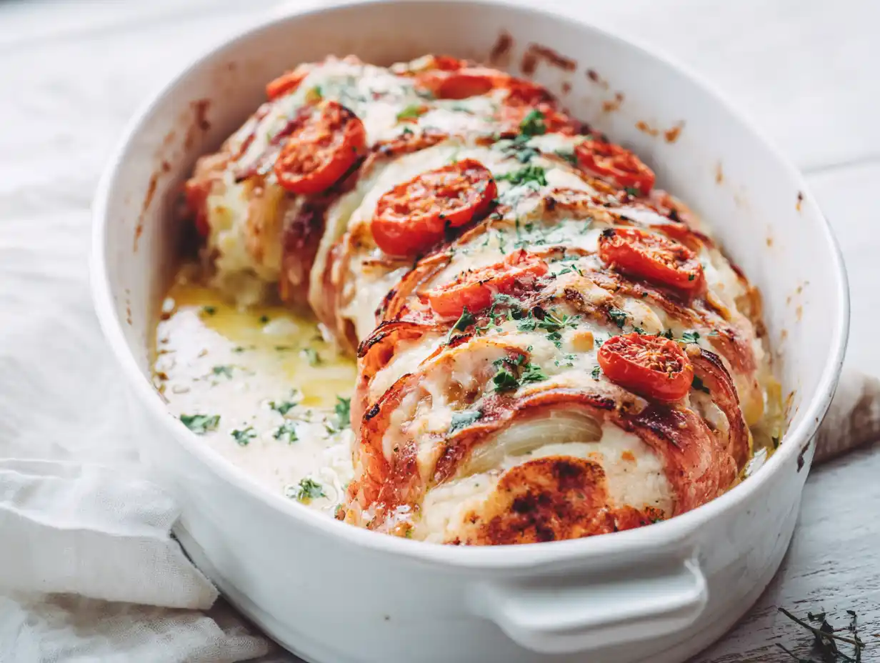 ugnsbakad falukorv i ugnsform med smält ost, tomat och mjuk lök, serverad varm till potatismos.