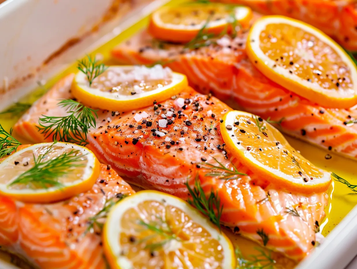 En närbild på en saftig bit ugnsbakad lax med citron och dill serverad på en tallrik med färsk potatis och citronskivor.