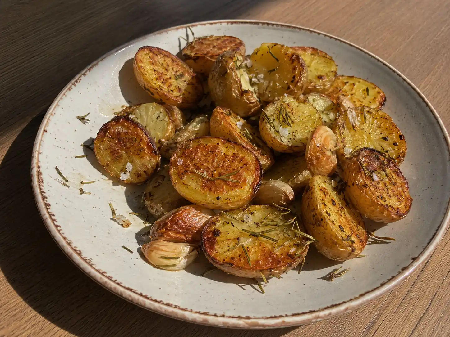 ugnsbakad potatis med gyllene snittyta, rosmarin, vitlök och flingsalt på en enkel mattallrik