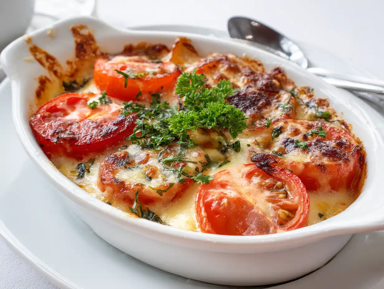 ugnsgratinerad falukorv i ugnsform med ost, senap, tomat och gyllene yta, serverad varm till vardagsmiddag.