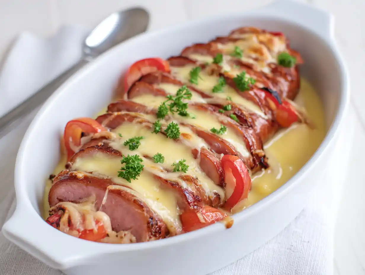 ugnsstekt falukorv i ugnsform med snitt, smält ost, mjuk lök och gyllene yta serverad varm till middag