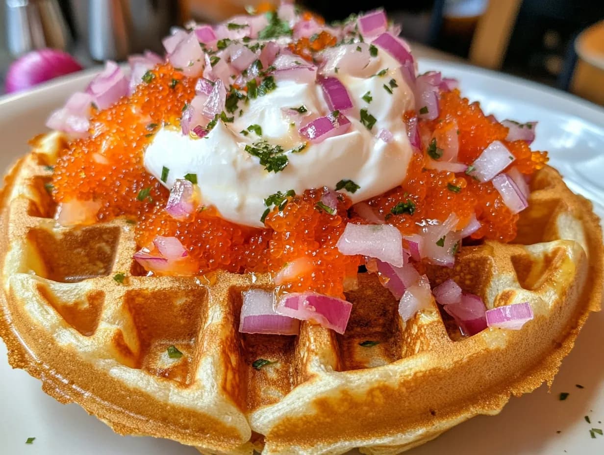 Lyxig våffla toppad med löjrom och rödlök.