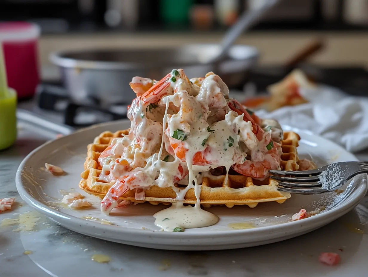 Våffla toppad med krämig skagenröra.