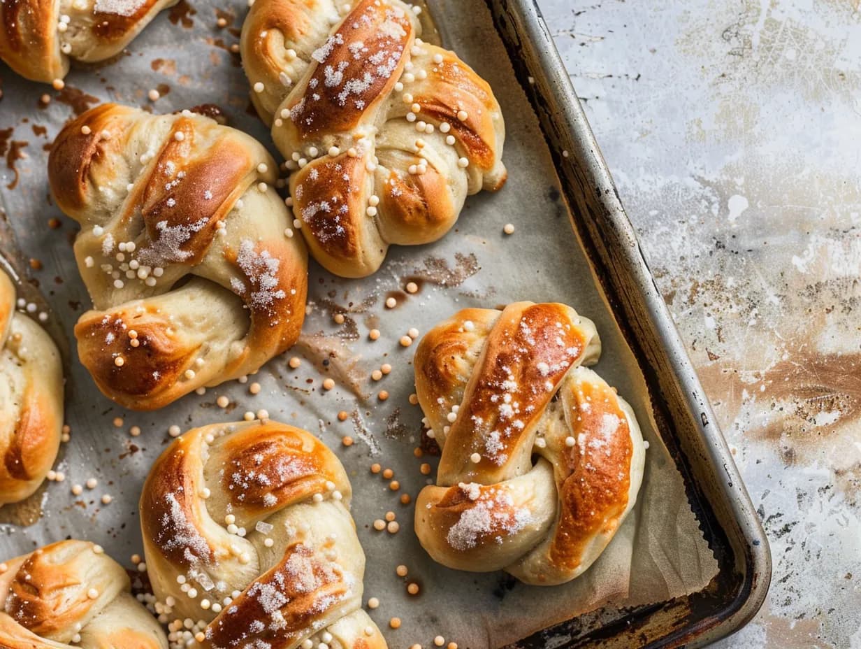 Vaniljbullar med pärlsocker och krämig vaniljfyllning, nybakade och gyllene