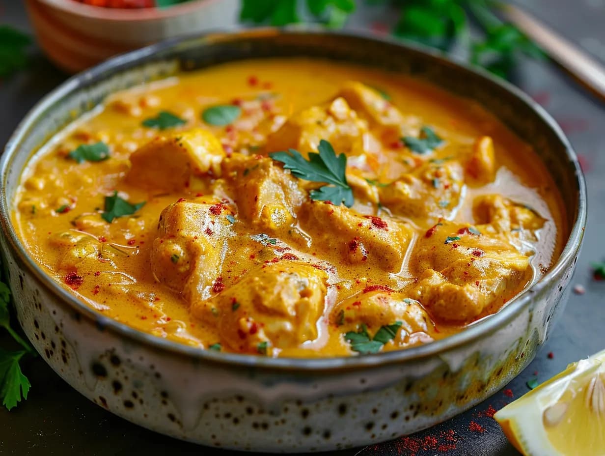 En rykande het skål med krämig kyckling curry toppad med färsk koriander serverad bredvid fluffigt ris.