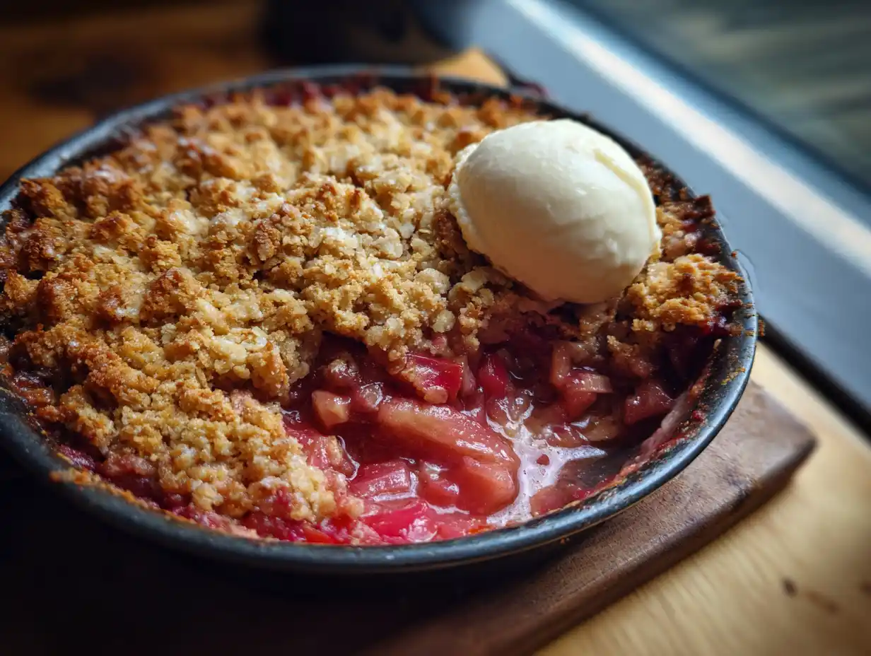 Världens godaste rabarberpaj smulpaj nybakad, djupt gyllenbrun krispig topp, rosa fyllning bubblar upp