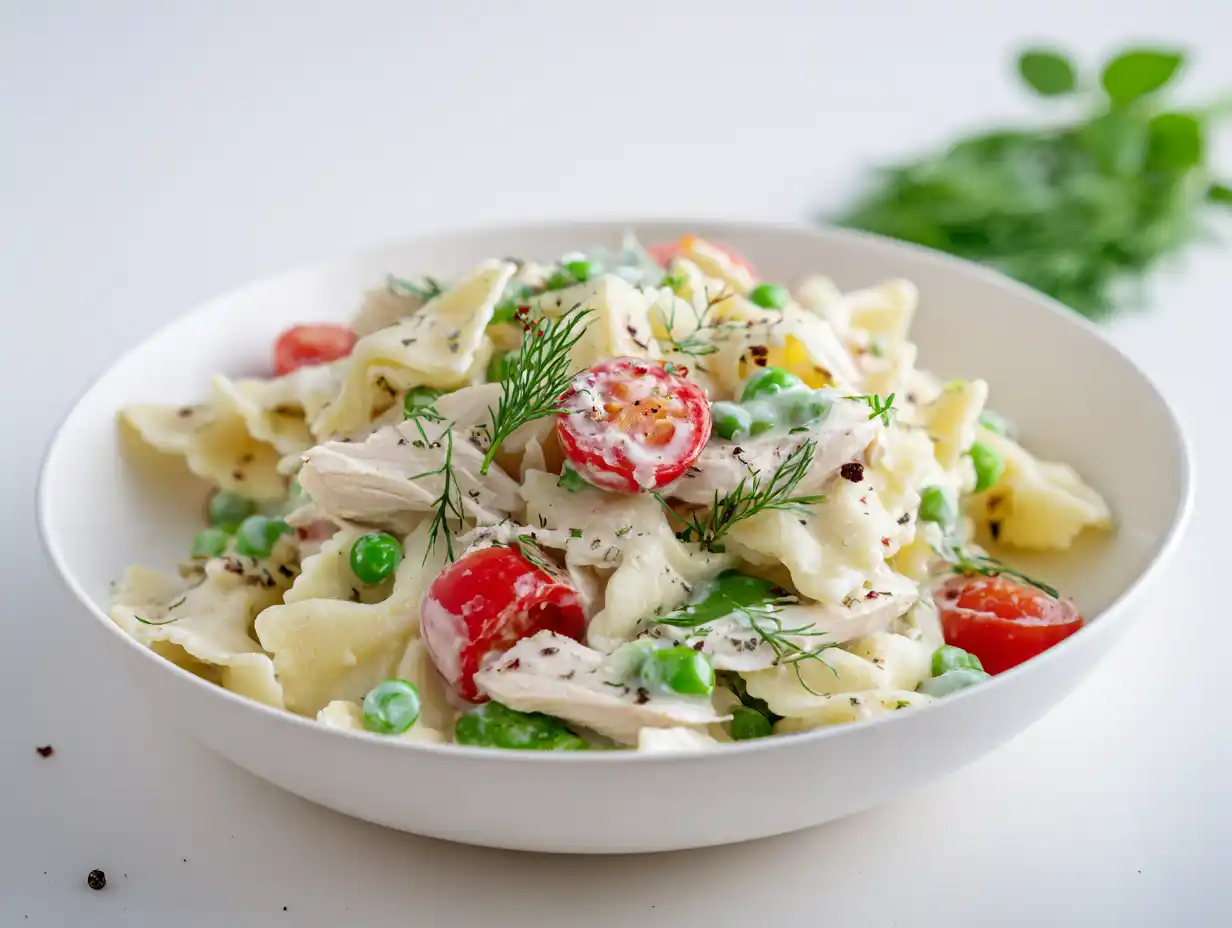 Varm pastasallad med kyckling, ärtor, spenat och tomater i krämig sås toppad med parmesan på ljus tallrik.
