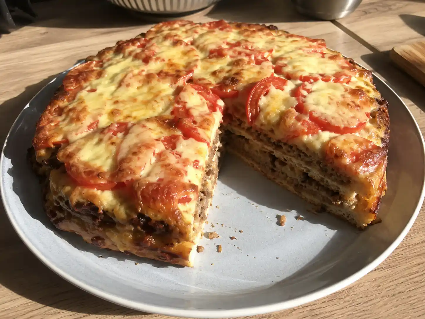 varm smörgåstårta köttfärs med lager av saftig färsröra, tomat och gyllene smält ost på hönökaka