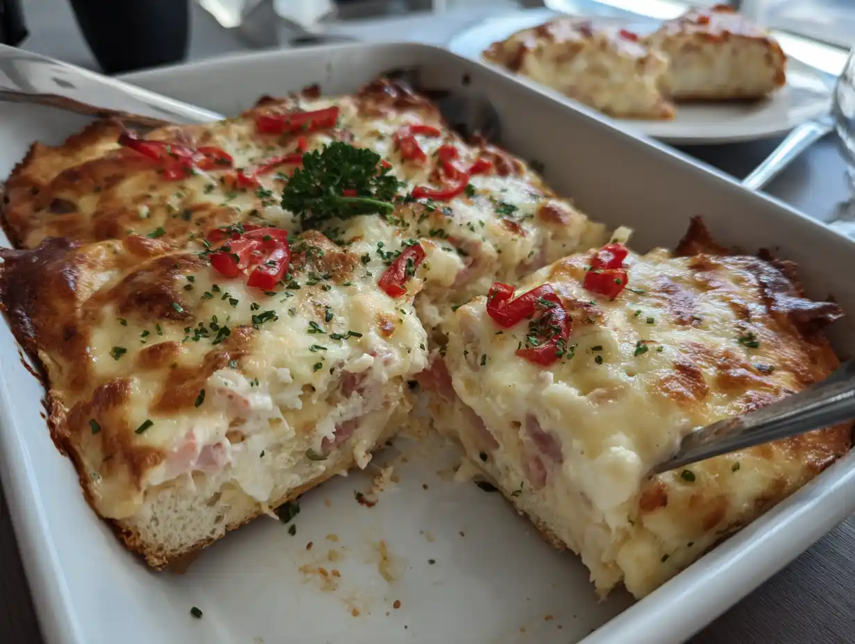 varm smörgåstårta i ugnsform med gyllene osttäcke, skinka, tomat och frasiga kanter på köksbord.