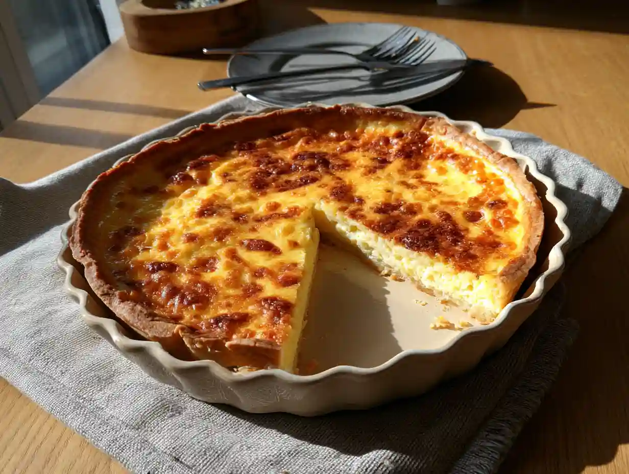 Västerbottenpaj med gyllene krusig yta och krämig Västerbottensost-fyllning serverad i pajform på ett träbord