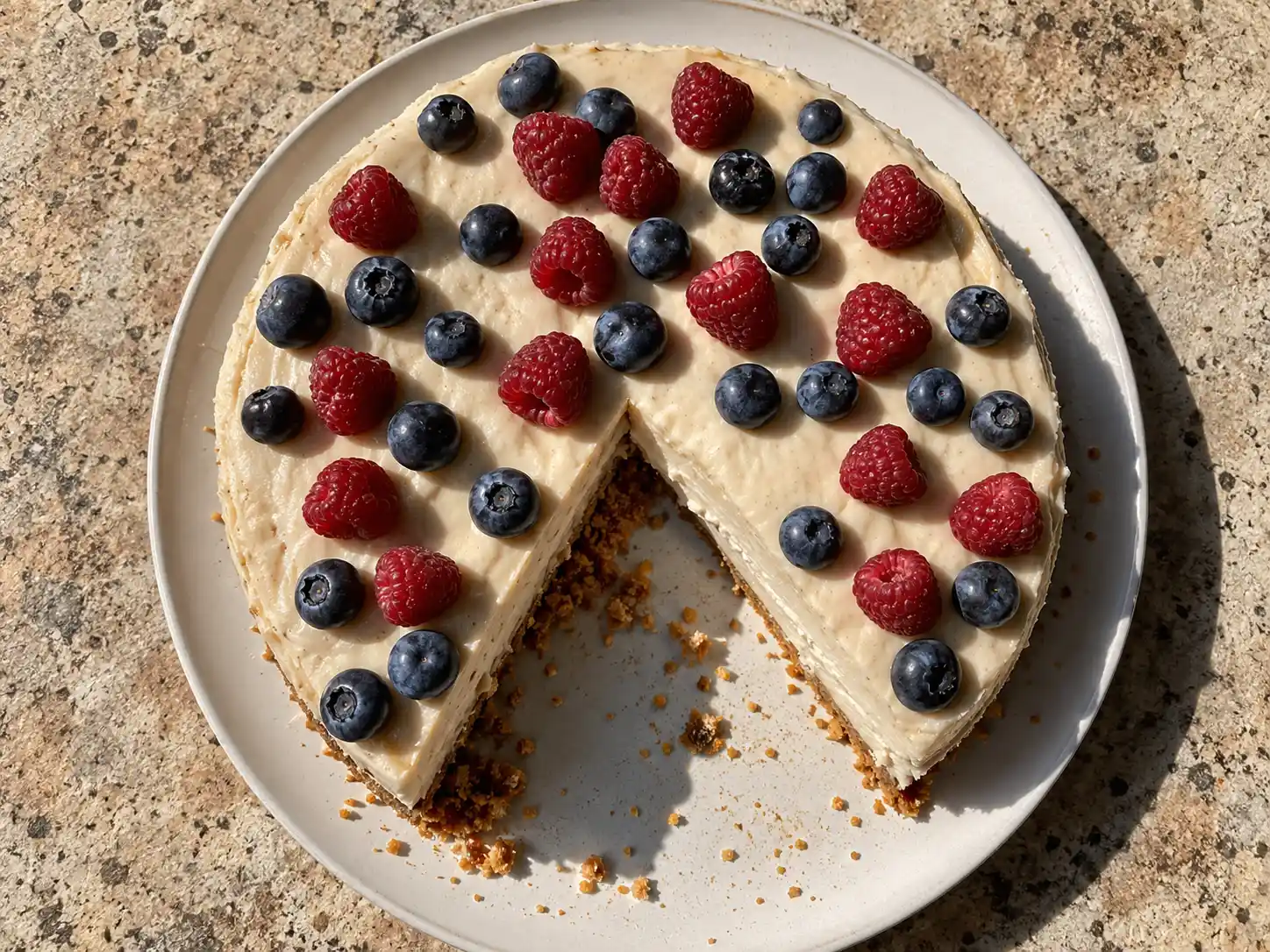 vegan cheesecake med bär på krämig fyllning och smulig kexbotten på enkel tallrik