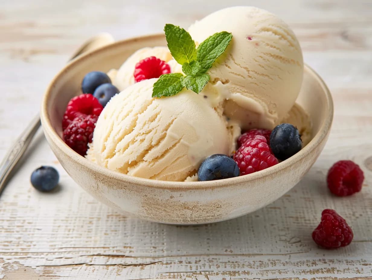 En skål med kulor av krämig vegansk glass toppad med färska bär och mynta.