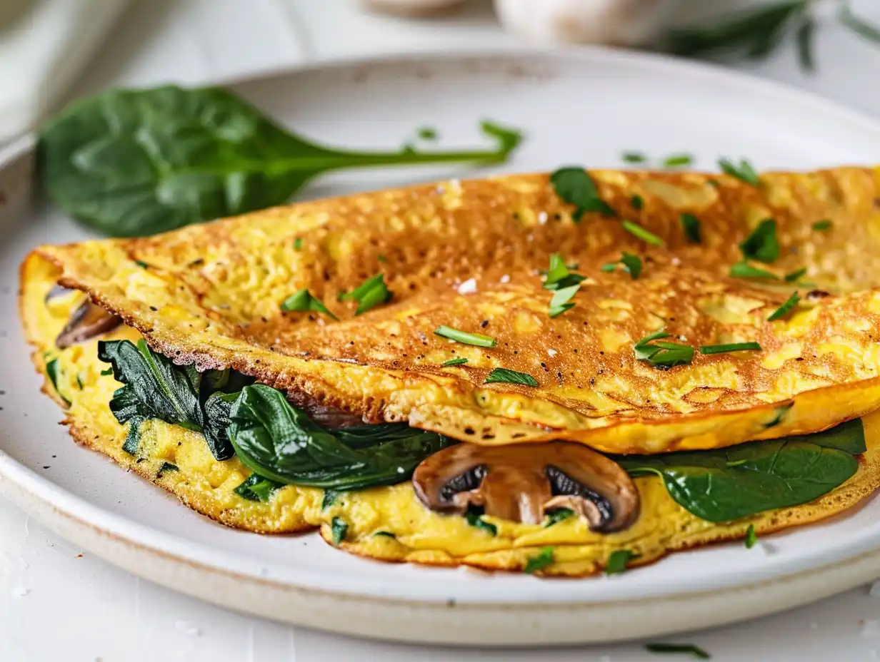 Vegansk omelett utan ägg som är gyllene och mjuk, stekt i panna med enkel fyllning.