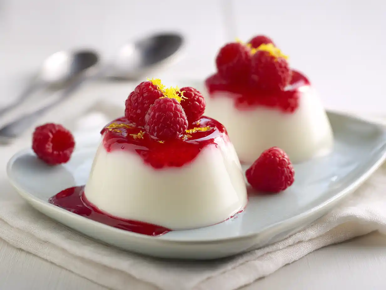 Vegansk pannacotta serverad i små glas med hallonsås ovanpå och färska bär på ljus bakgrund.