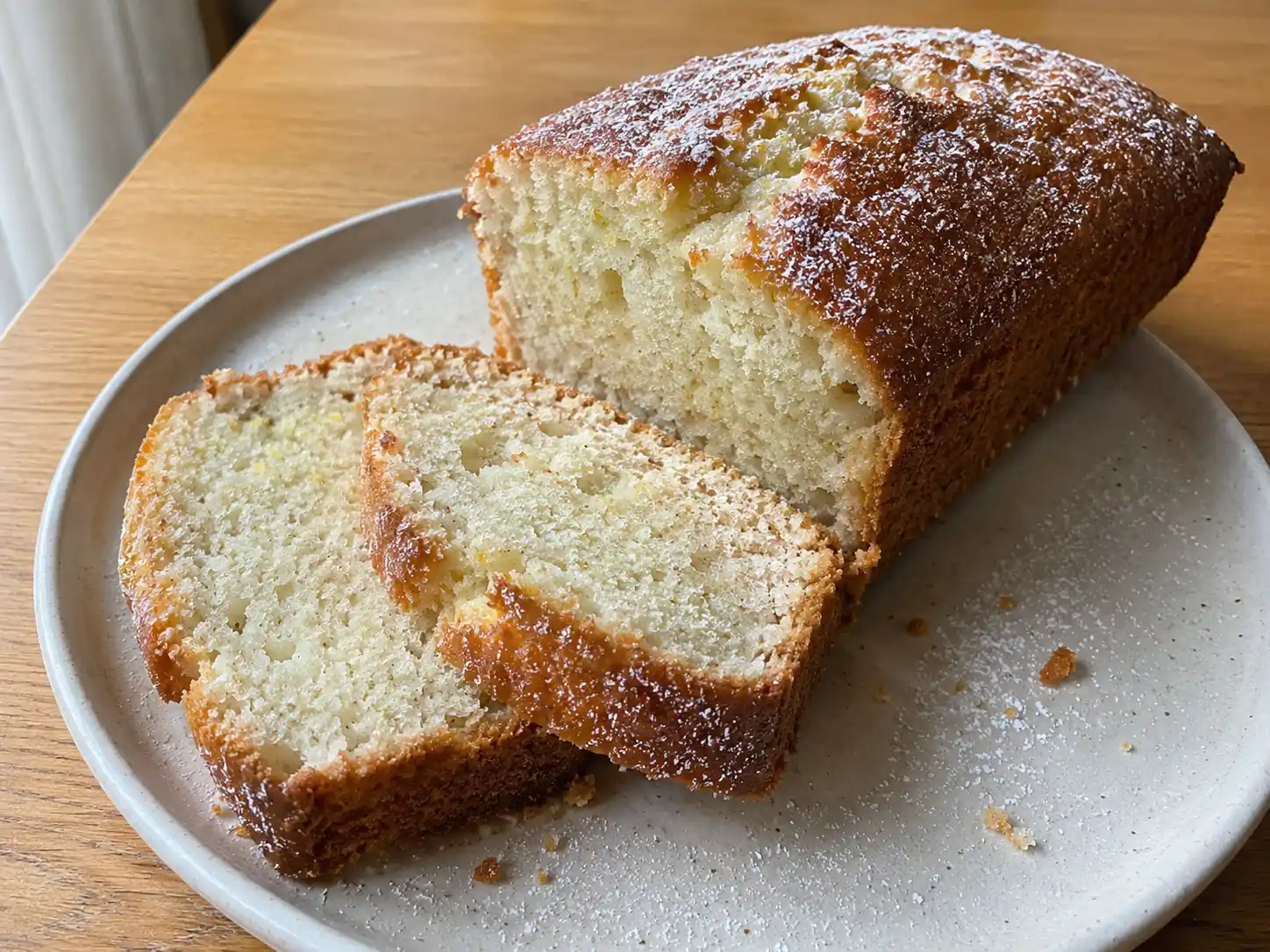 Vegansk sockerkaka tidigt ur formen på fat, gyllene ovanpå och saftig smula med lätt doft av vanilj och citron.
