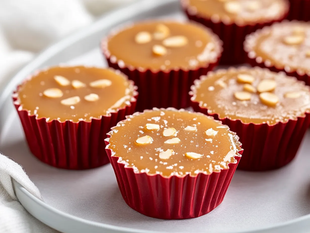En vacker bricka fylld med gyllene veganskt julgodis i röda knäckformar, toppade med hackad mandel, redo för julfirande.