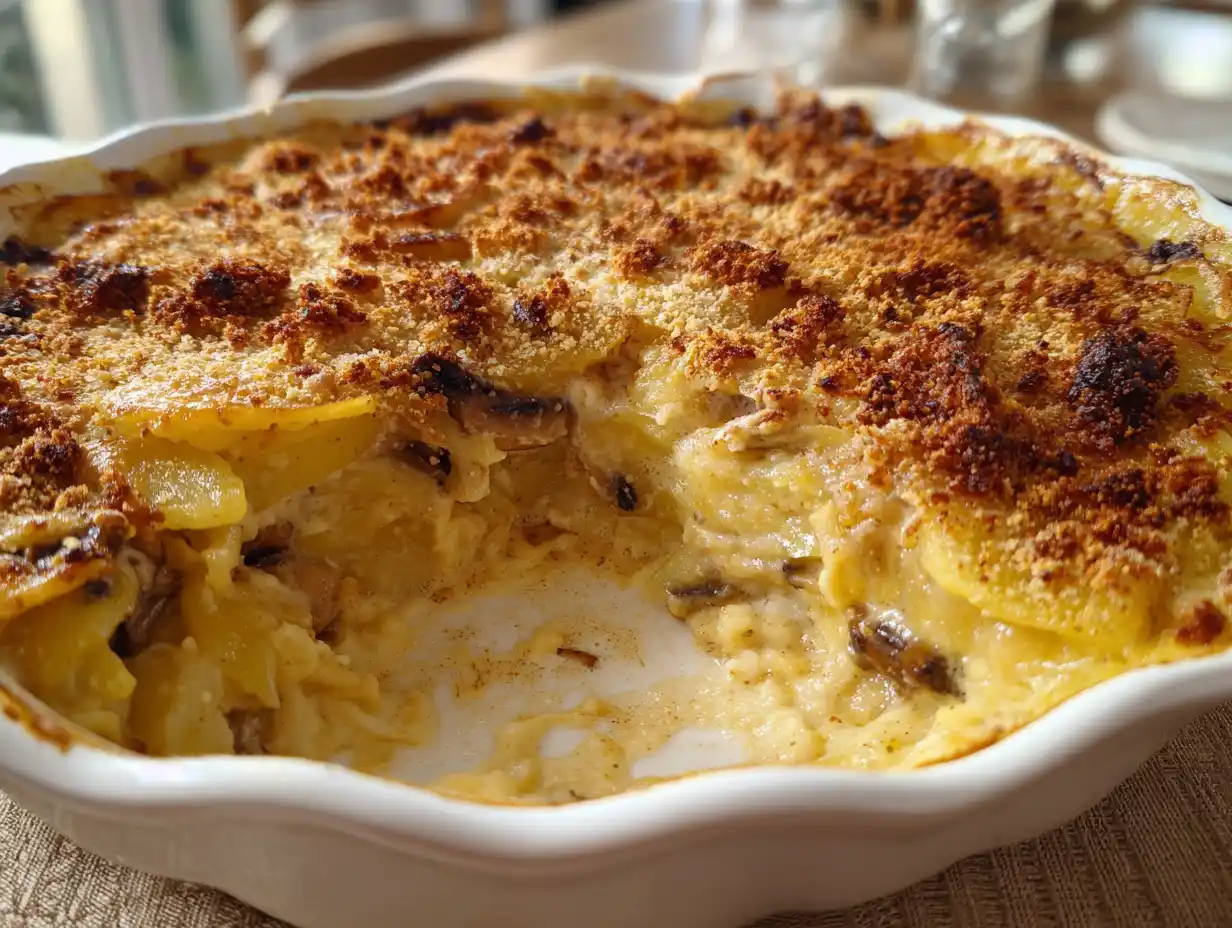vegetarisk janssons frestelse i ugnsform med gyllene yta, mjuk potatis, stekt lök och krämig grädde på middagsbord.
