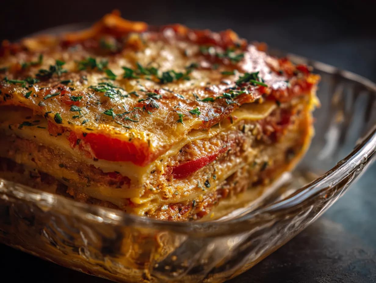 En rykande varm vegetarisk lasagne med gyllenbrun ostyta serverad med fräsch grönsallad på ett rustikt träbord.