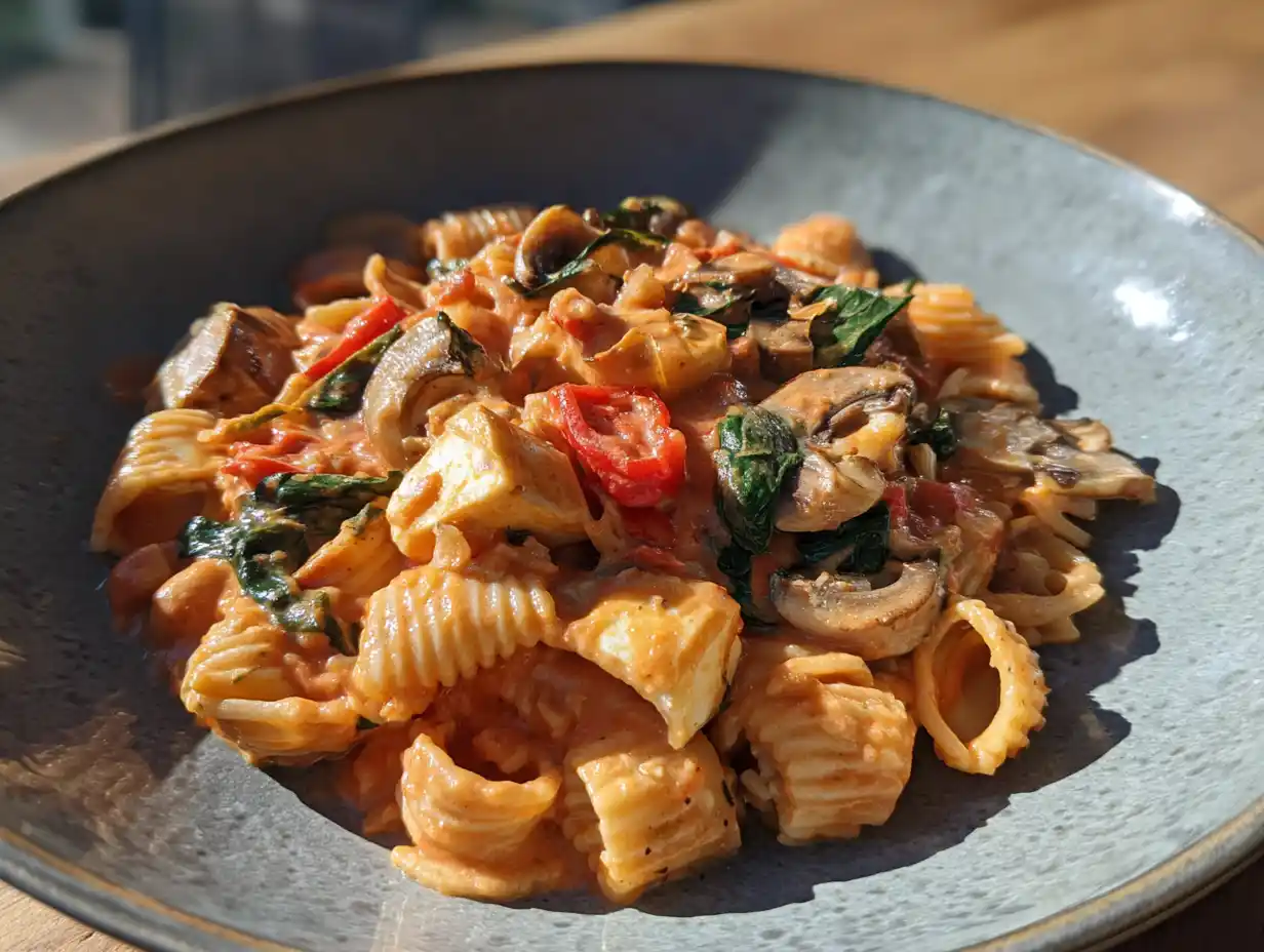 Vegetarisk pastasås med pasta, halloumi, tomat och spenat i en krämig röd sås