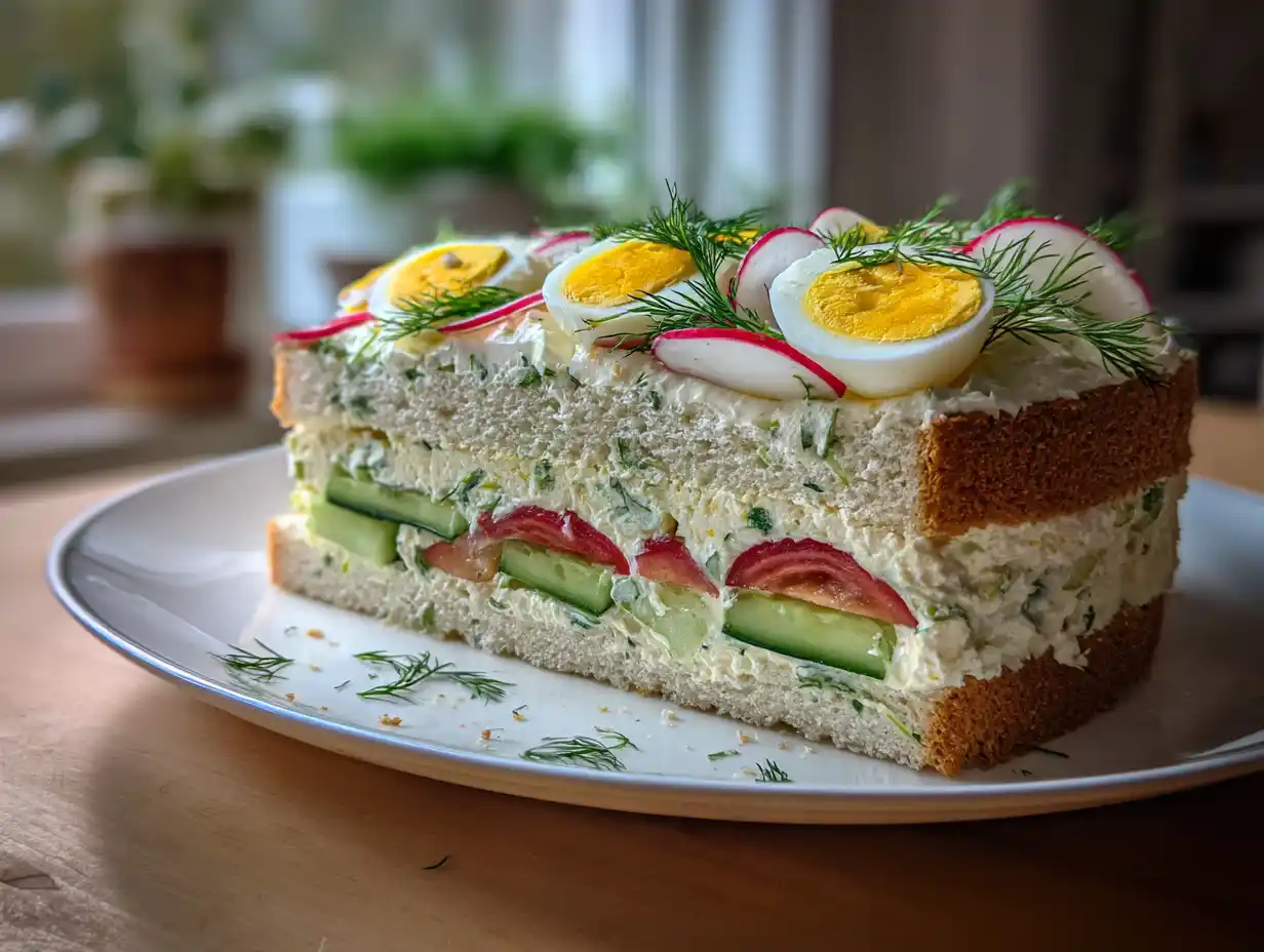 Vegetarisk smörgåstårta på fat med gurka, tomat, ägghalvor och dill i ett enkelt hemmakök.