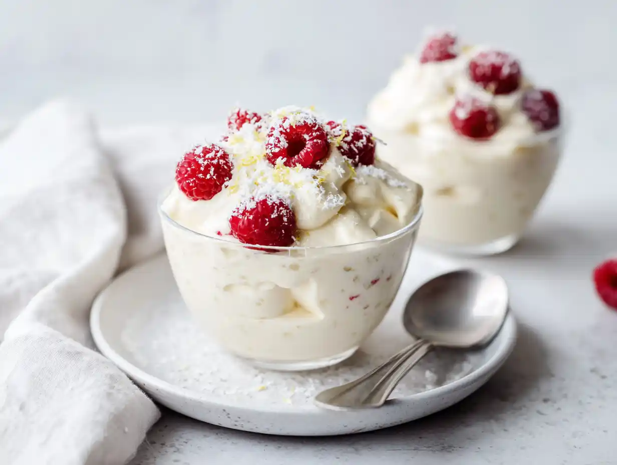 Vispad pannacotta i små glas med luftig, krämig yta, vaniljprickar och färska hallon på ljus bakgrund.