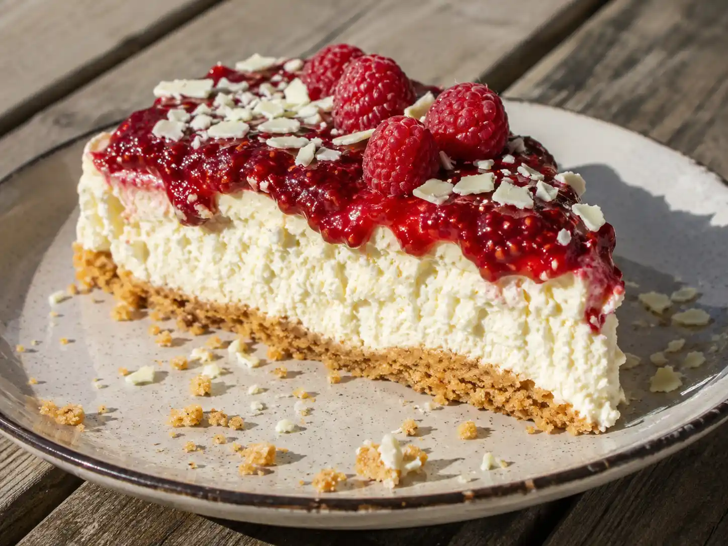 vit choklad cheesecake med krämig fyllning, spröd digestivebotten och blank hallontopp på fat
