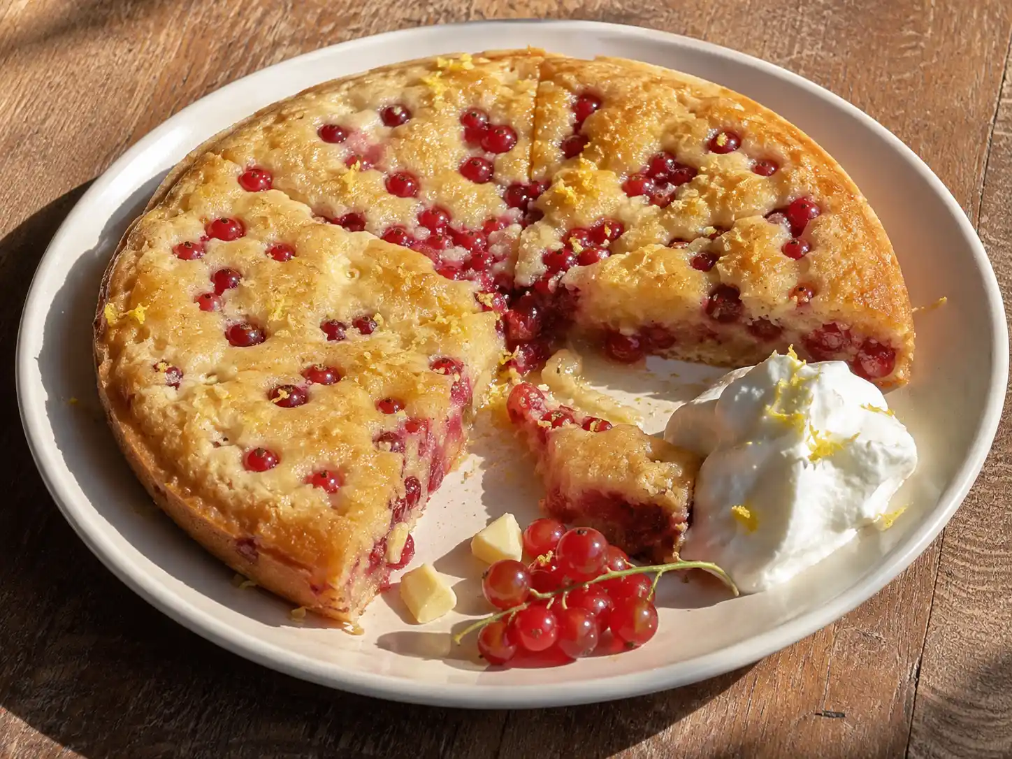vit kladdkaka med röda vinbär på tallrik med seg kant, kladdig mitt och lättvispad grädde